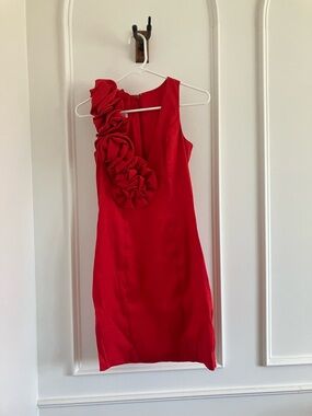 Cache Red One-Shoulder Mini Dress with Rosette Detail